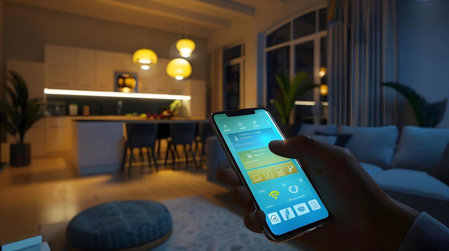 hand holding smartphone controlling smart home lighting through mobile app interface آی هوم پلاس، I Home Plus